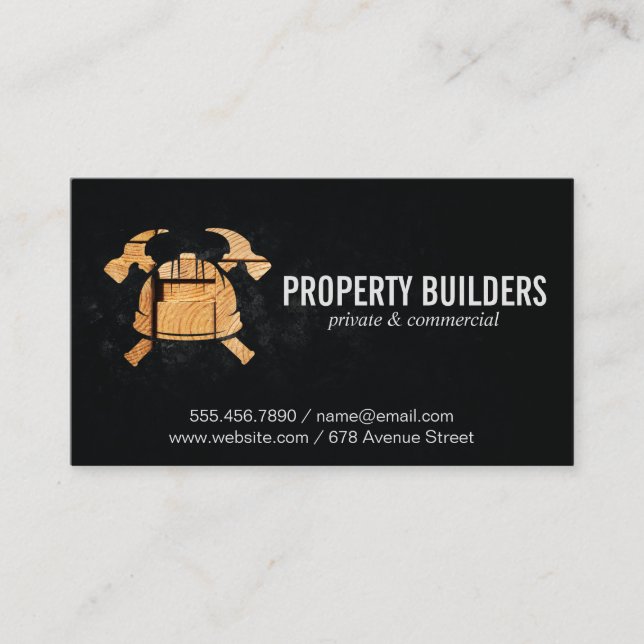 Construction Logo | Wood | Hammers Hardhat Business Card (Front)