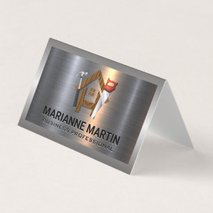 Construction Logo   Wood Home Saw and Hammer Business Card