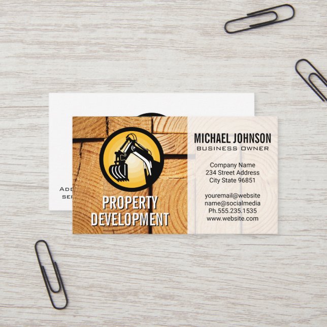 Construction Machinery Logo | Cut Wooden Boards Business Card (Front/Back In Situ)