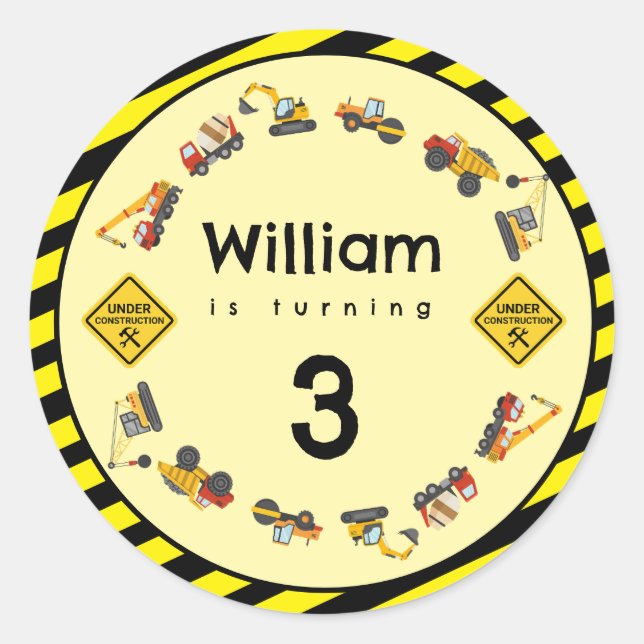 Construction Machines Birthday Party Theme Classic Round Sticker (Front)