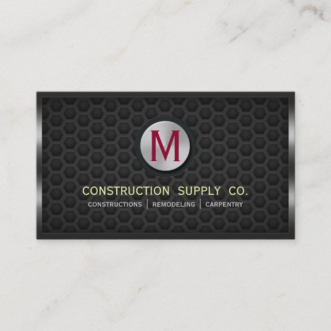 Construction Metal Framed Monogram Dark Metal Grid Business Card (Front)