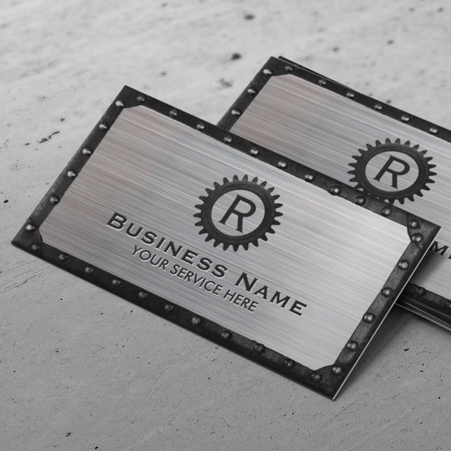 Construction Metal Gear Monogram Modern Business Card (Creator Uploaded)