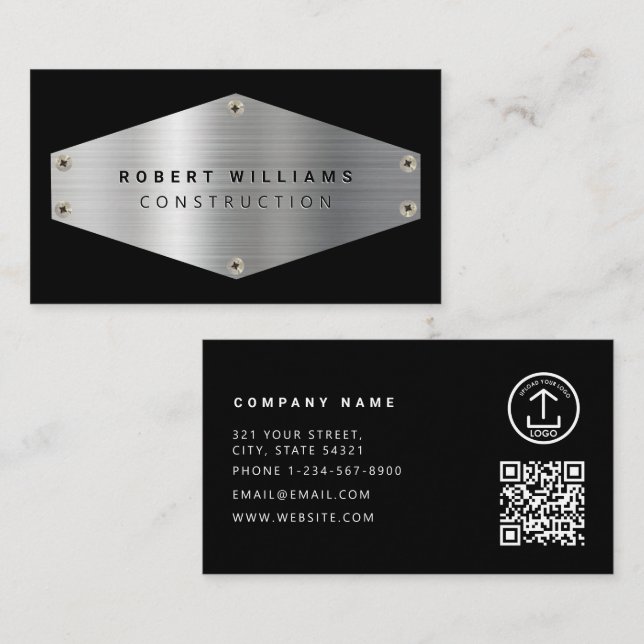 Construction Metal QR Code Black Metallic Silver Business Card (Front/Back)