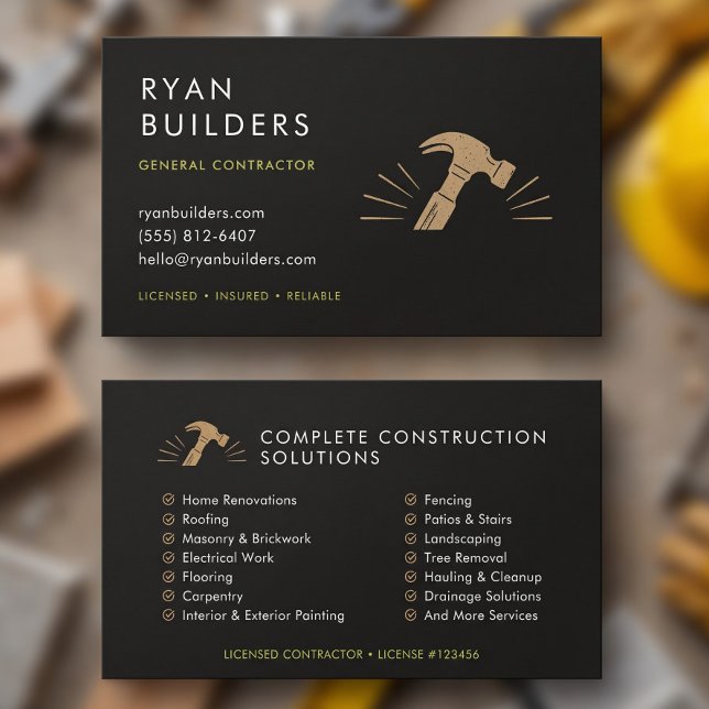 Construction Modern Black Gold Hammer Custom Business Card (Construction Modern Black Gold Hammer Custom Business Card)