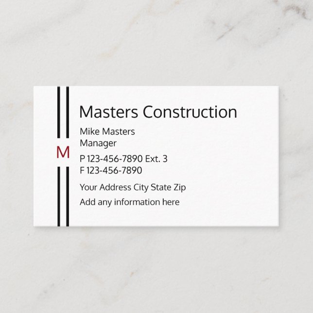 Construction Modern Monogram Design Business Card (Front)