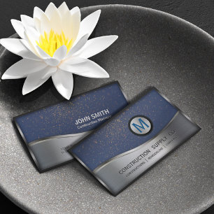 Construction Monogram LOGO Silver Metal Blue Business Card