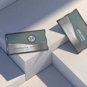 Construction Monogram LOGO Silver Metal Turquoise Business Card