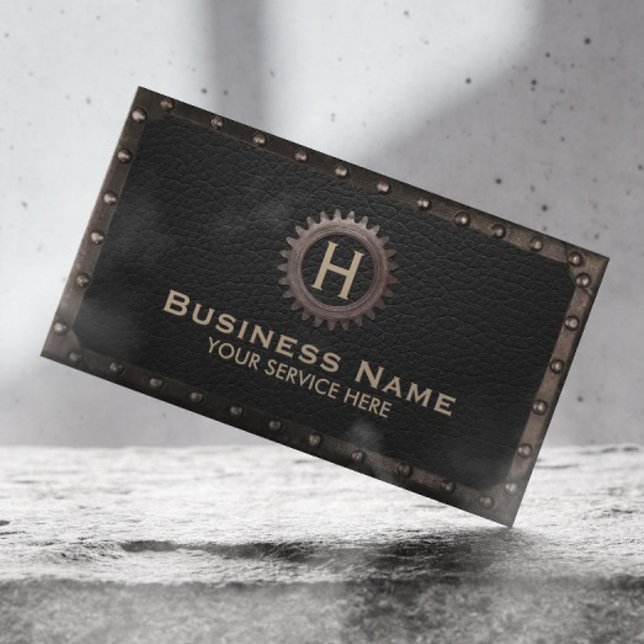 Construction Monogram Metal Framed Dark Leather Business Card (Creator Uploaded)