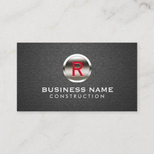 Construction Monogram Modern Black Leather Business Card