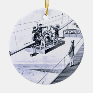 Construction of Brooklyn Bridge, New York (litho) Ceramic Tree Decoration