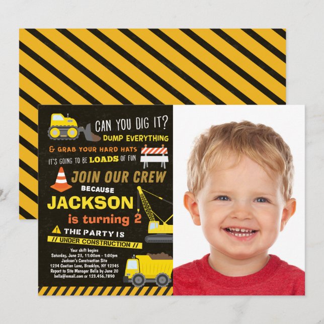 Construction Party Boys Dump Truck Photo Birthday Invitation (Front/Back)