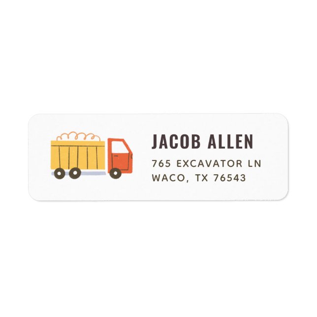 Construction Party Dump Truck Return Address Label (Front)