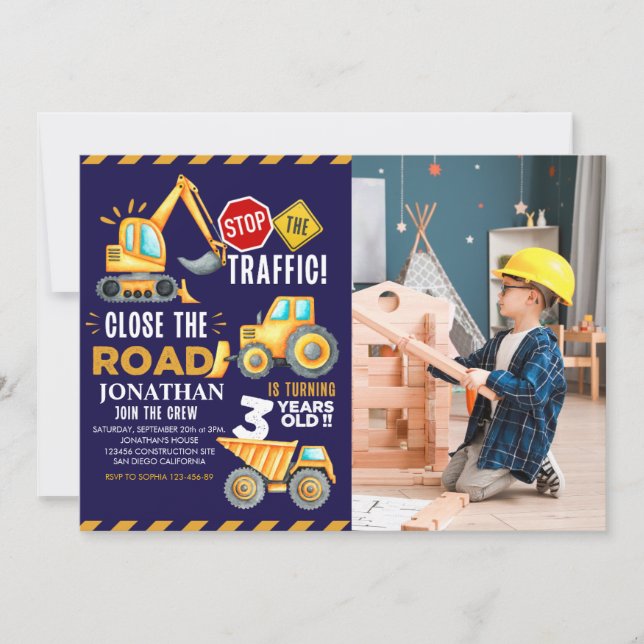 Construction Party for 3rd Birthday Boy Invitation (Front)