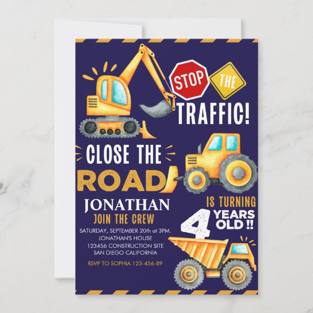 Construction Party for 4th Birthday Boy Invitation (Front)