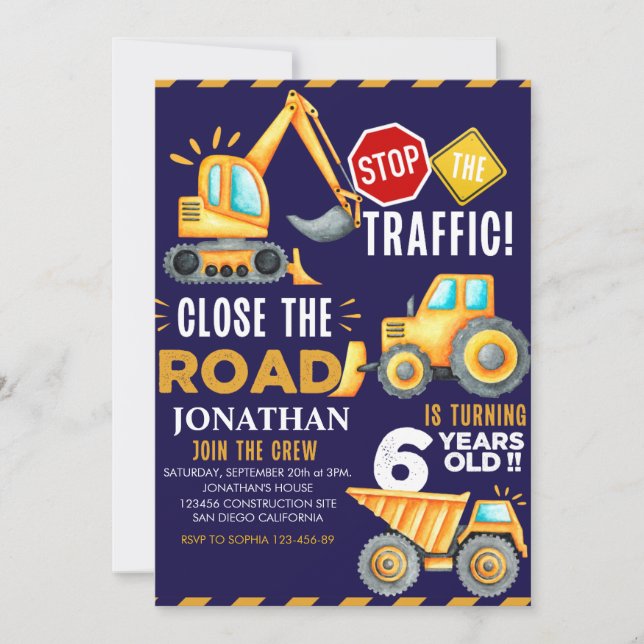 Construction Party for 6th Birthday Boy Invitation (Front)