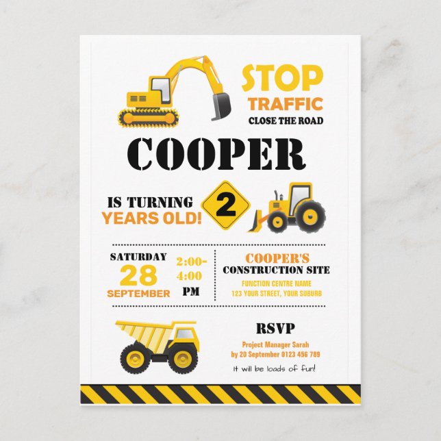 Construction Party Invitation Postcard (Front)