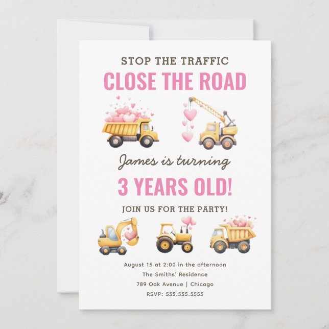 Construction Pink Truck Heart Birthday Invitation (Front)