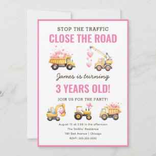 Construction Pink Truck Heart Birthday Invitation
