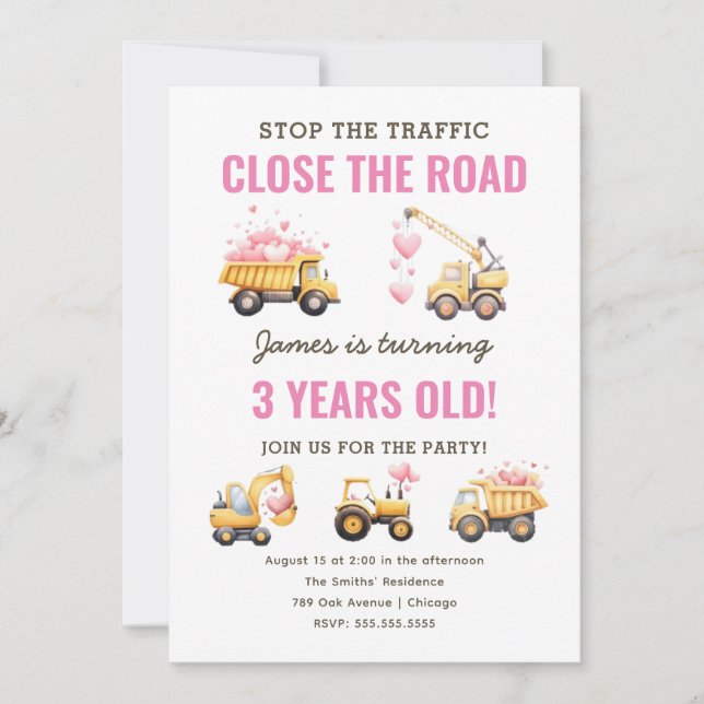 Construction Pink Truck Heart Birthday Invitation (Front)