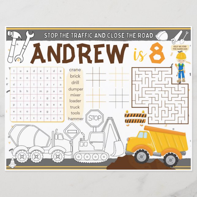 Construction placemat, Crane activity sheet (Front)