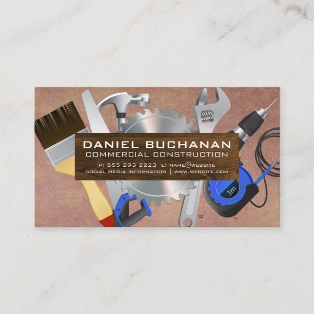 Construction Power Tools | Wooden Board Business Card (Front)