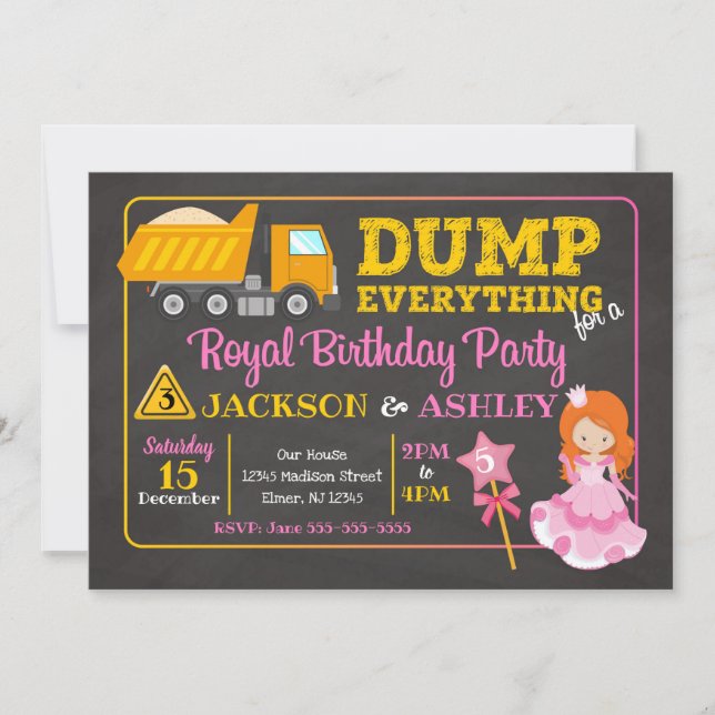 Construction & Princess Joint Birthday Invitation (Front)