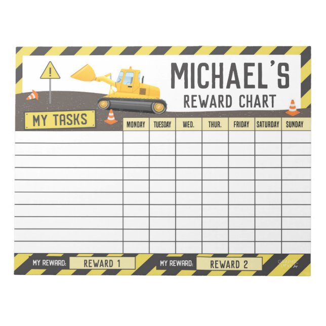 Construction Reward Chart Personalised Name Tasks Notepad (Front)