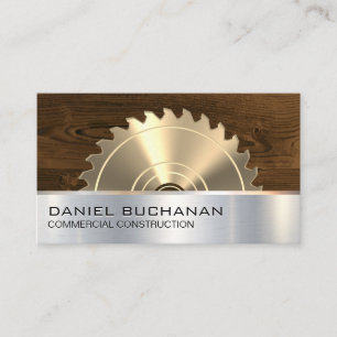 Construction Saw and Wood Metallic Background Business Card