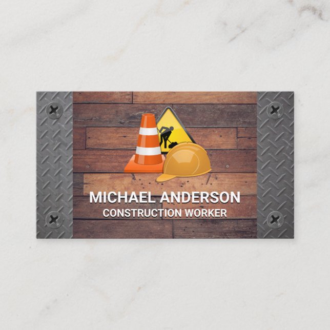 Construction Sign and Cone | Wood and Metal Business Card (Front)