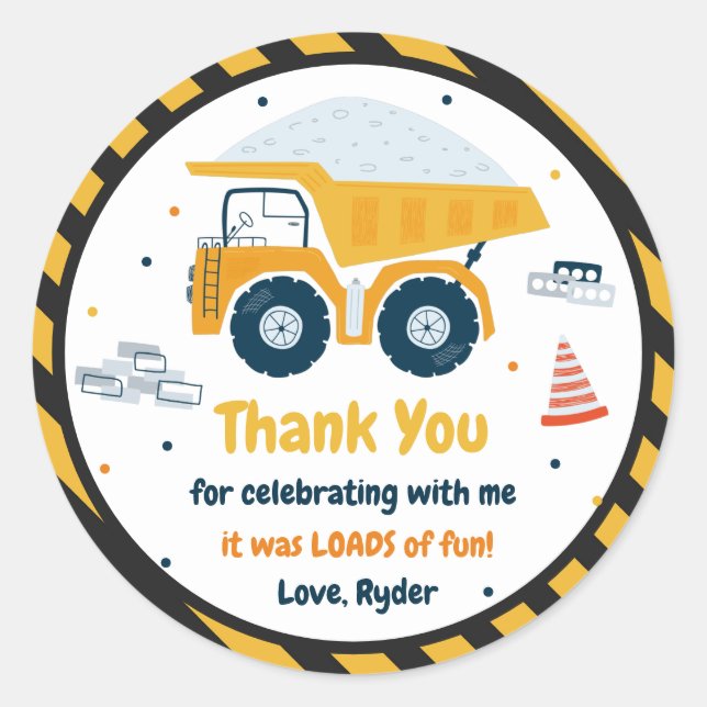 Construction Site Dump Truck Digger Birthday Favou Classic Round Sticker (Front)