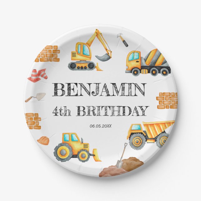 Construction Site Dump Truck Digger Birthday Party Paper Plate (Front)