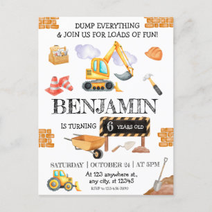 Construction Site Dump Truck Digger Birthday Party Postcard