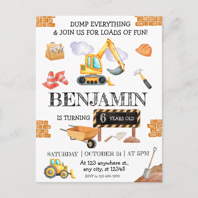 Construction Site Dump Truck Digger Birthday Party Postcard (Front)