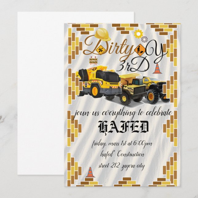 construction site, party construction birthday  invitation (Front/Back)