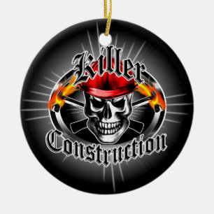 Construction Skull With Red Hard Hat Ceramic Tree Decoration