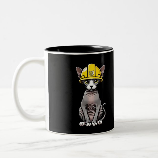 Construction Sphynx Cat Hard Hat Hairless Cat Art Two-Tone Coffee Mug (Left)