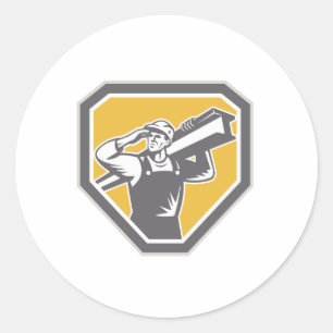 Construction Steel Worker Carrying I-Beam Retro Classic Round Sticker