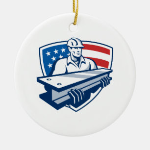Construction Steel Worker I-Beam American Flag Ceramic Tree Decoration