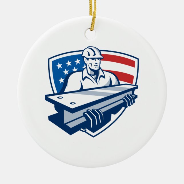 Construction Steel Worker I-Beam American Flag Ceramic Tree Decoration (Front)