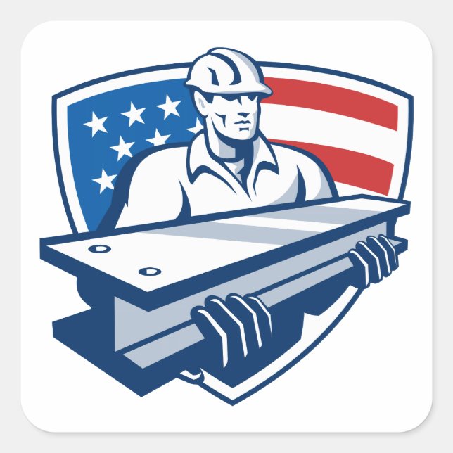 Construction Steel Worker I-Beam American Flag Square Sticker (Front)