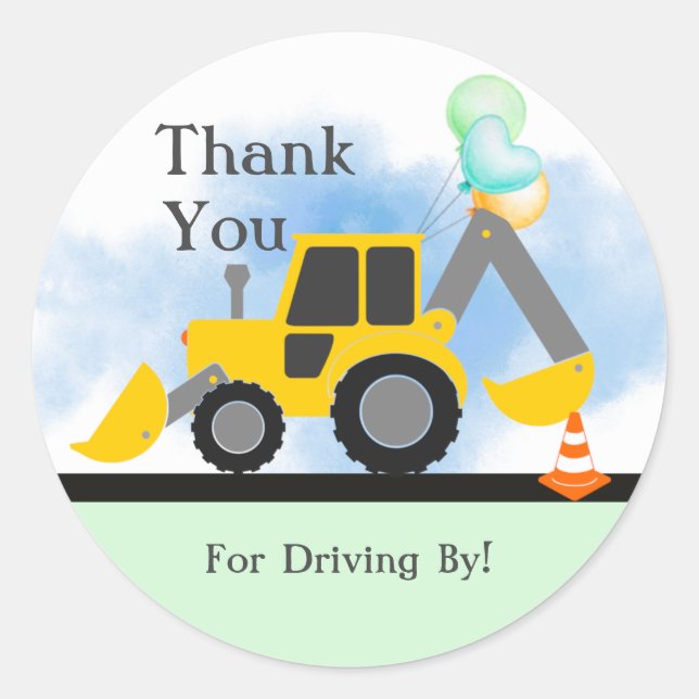 Construction Thank You, Drive By Birthday, Shower Classic Round Sticker (Front)
