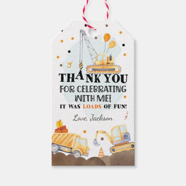 Construction Thank You Tag Dump Truck Boy Birthday (Front)