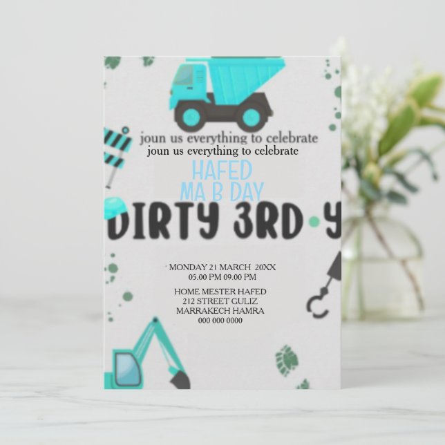 Construction Theme 3rd Birthday Invitation Dirty 3 (Standing Front)