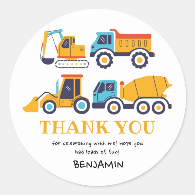 Construction Theme Birthday Dump Truck Party Favou Classic Round Sticker (Front)