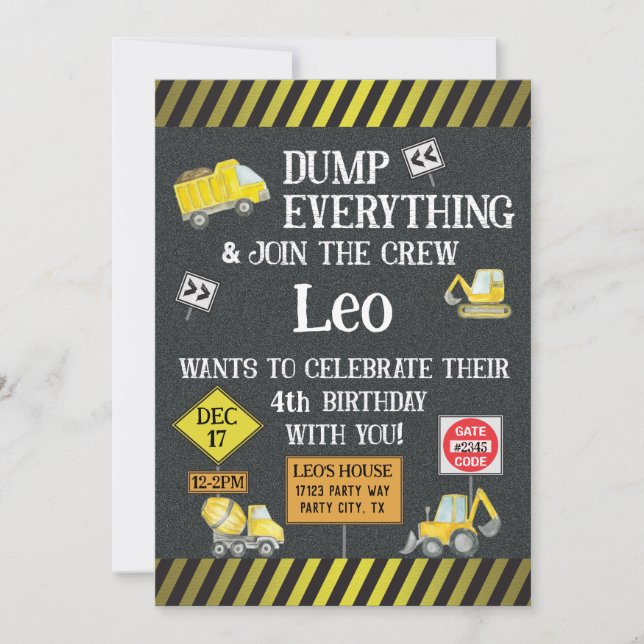 Construction Theme Birthday Party Invitation (Front)