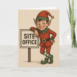 Construction theme Christmas card Elf leaning 