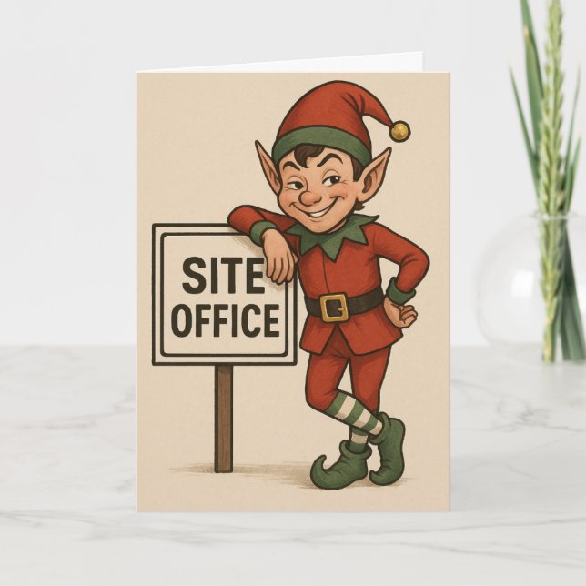 Construction theme Christmas card Elf leaning  (Front)