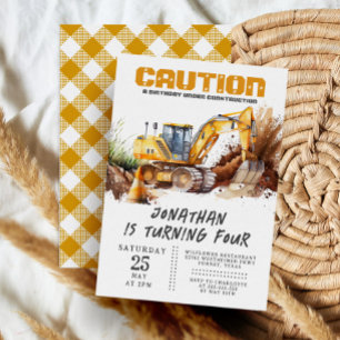 Construction Theme Digger Modern Kids Birthday Invitation