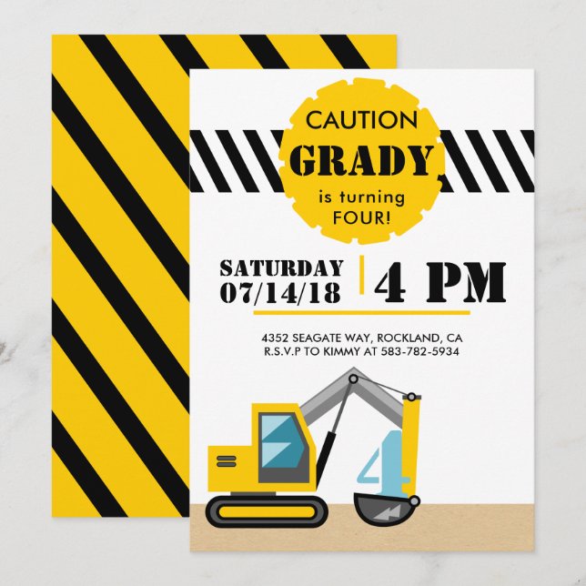 Construction Theme Excavator Black and Yellow 4th Invitation (Front/Back)