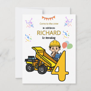 Construction Theme Funny Kids Birthday Party Invitation